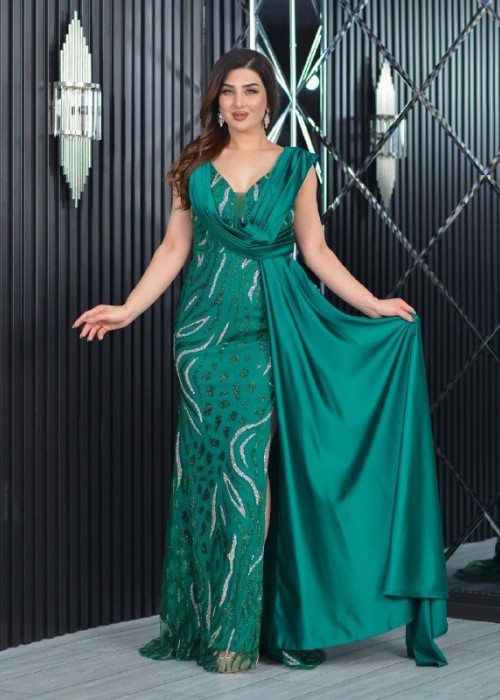 173498 GREEN COCKTAİL DRESS SILVERY
