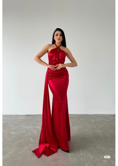 175847 RED COCKTAİL DRESS SATIN FABRIC