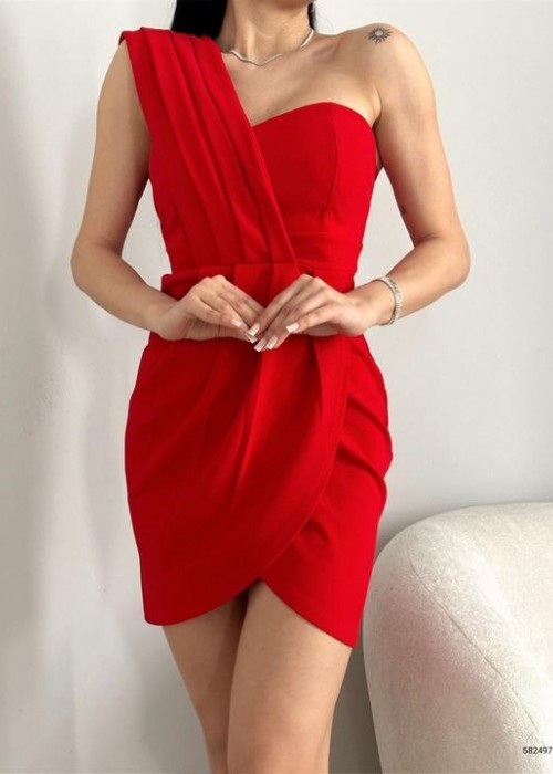 175851 RED COCKTAİL DRESS SCUBA FABRIC