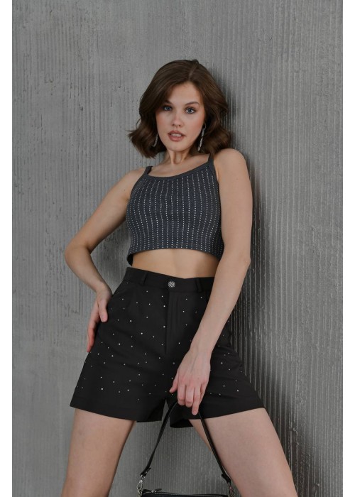 176016 BLACK SHORTS Stone embroidered