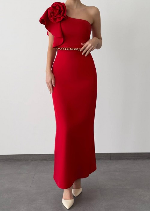 176243 RED COCKTAİL DRESS ATLAS FABRIC