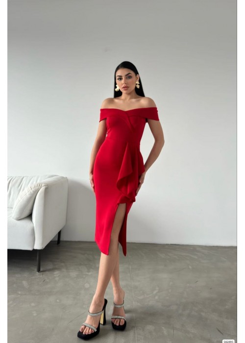 176297 RED COCKTAİL DRESS SCUBA FABRIC