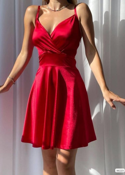 177268 RED COCKTAİL DRESS SATIN FABRIC