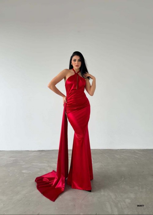 179295 RED COCKTAİL DRESS SATIN FABRIC