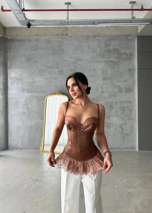 190566 KAHVE ABİYE BLUZ