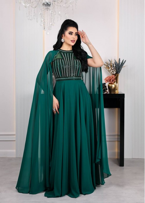 198616 GREEN COCKTAİL DRESS CHIFFON FABRIC