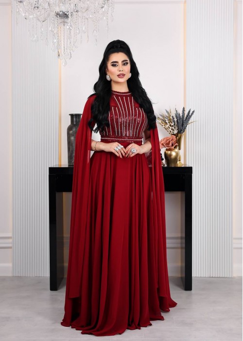 198617 BORDO COCKTAİL DRESS CHIFFON FABRIC