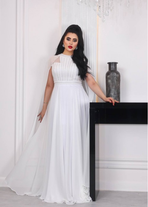 198618 WHITE COCKTAİL DRESS CHIFFON FABRIC