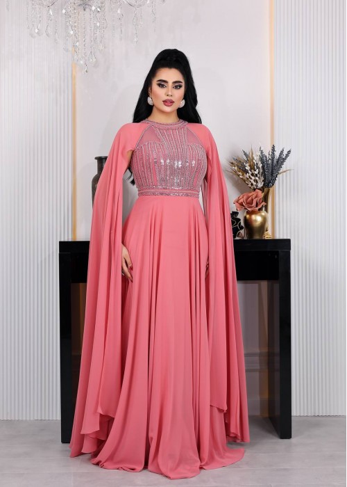 198619 PINK COCKTAİL DRESS CHIFFON FABRIC