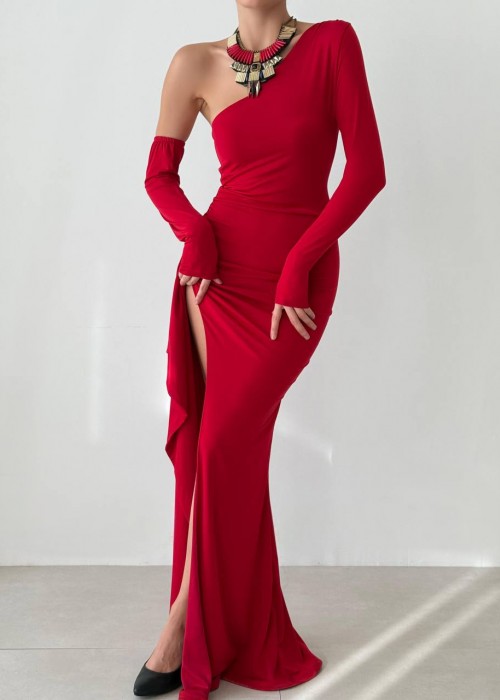 198753 RED COCKTAİL DRESS SANDY FABRİC
