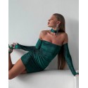 201584 GREEN COCKTAİL DRESS Flowers fabric