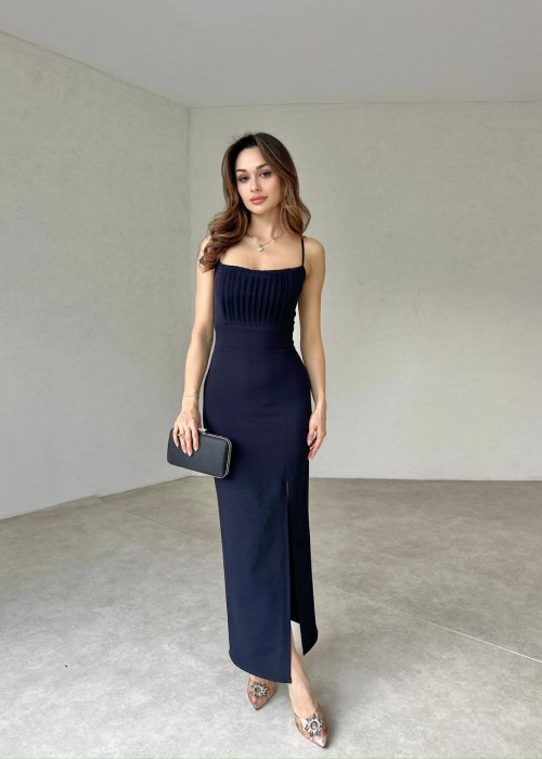 204130 NAVY BLAU KLEID ATLAS STOFF