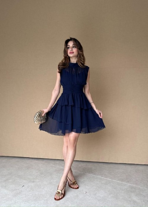 205366 NAVY BLAU KLEID CHIFFON STOFF