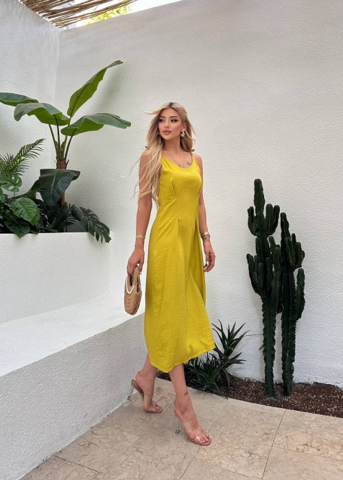 209272 GELB KLEID LEINENSTOFF