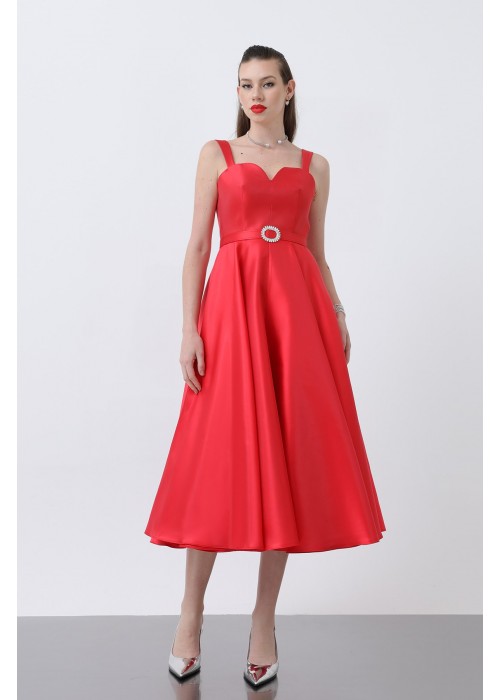209565 RED COCKTAİL DRESS SATIN FABRIC