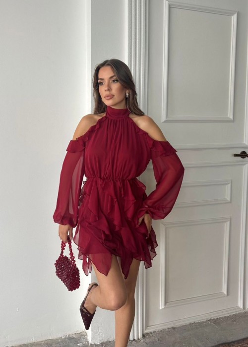 210294 BORDO ELBİSE ŞİFON KUMAŞ