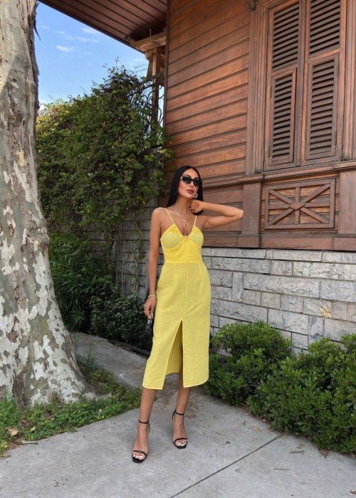 210350 SARI ELBİSE KETEN KUMAŞ