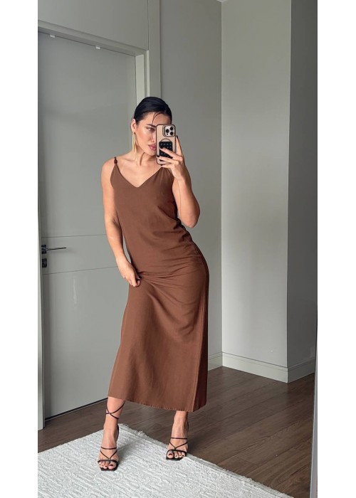 210421 KAHVE ELBİSE KETEN KUMAŞ