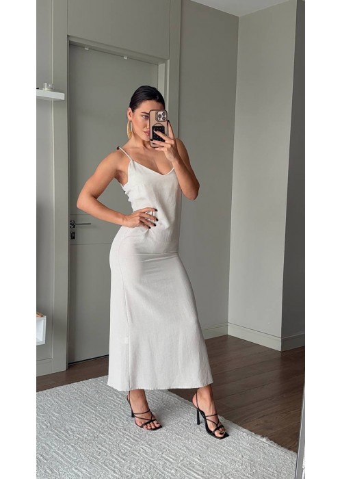 210422 BEYAZ ELBİSE KETEN KUMAŞ