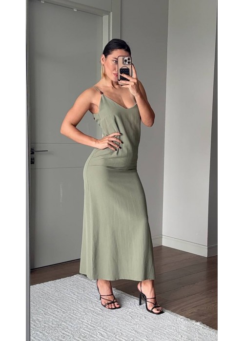 210423 HAKİ ELBİSE KETEN KUMAŞ