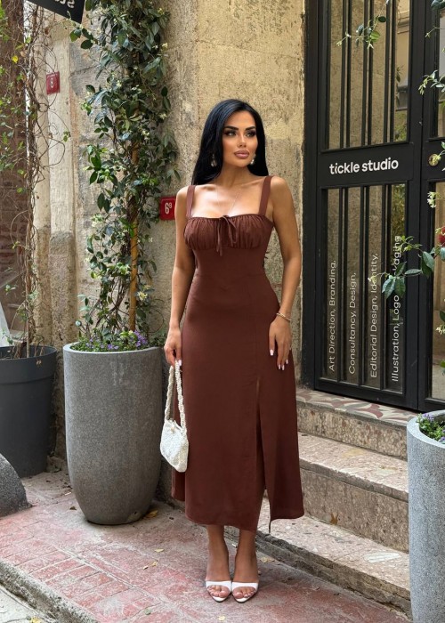210852 KAHVE ELBİSE POPLİN KUMAŞ