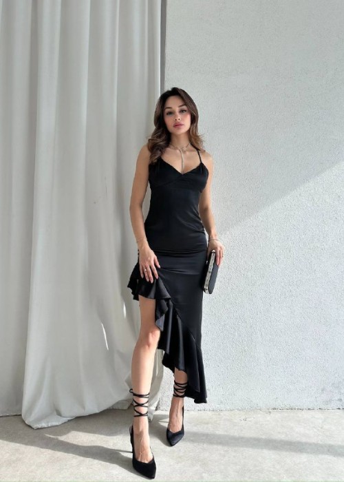 212143 BLACK COCKTAİL DRESS SATIN FABRIC