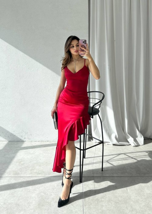 212145 RED COCKTAİL DRESS SATIN FABRIC
