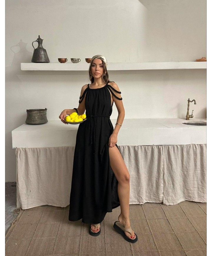 212358 SİYAH ELBİSE KETEN KUMAŞ