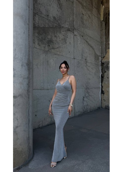212376 GREY COCKTAİL DRESS Flowers fabric