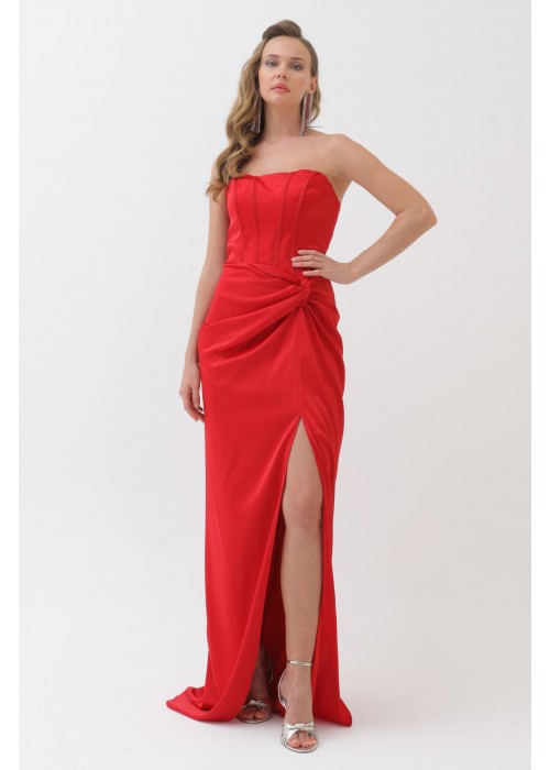 212389 RED COCKTAİL DRESS SATIN FABRIC