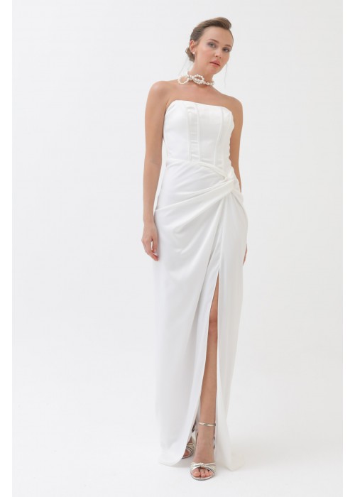 212391 WHITE COCKTAİL DRESS SATIN FABRIC