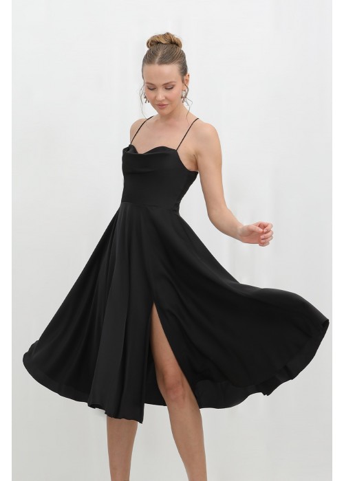 212393 BLACK COCKTAİL DRESS SATIN FABRIC