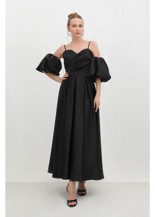 212397 BLACK COCKTAİL DRESS SATIN FABRIC
