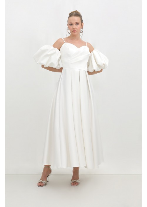 212398 WHITE COCKTAİL DRESS SATIN FABRIC