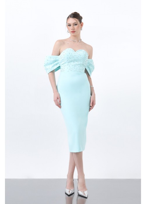 212403 BLUE COCKTAİL DRESS SATIN FABRIC