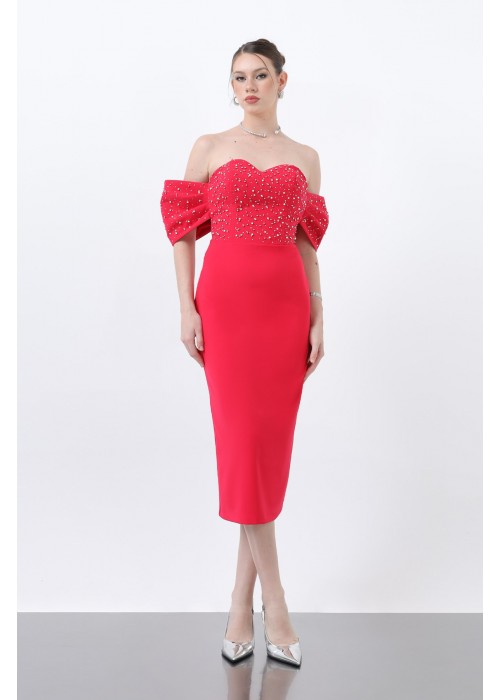 212405 RED COCKTAİL DRESS SATIN FABRIC