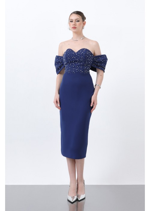 212406 NAVY BLUE COCKTAİL DRESS SATIN FABRIC