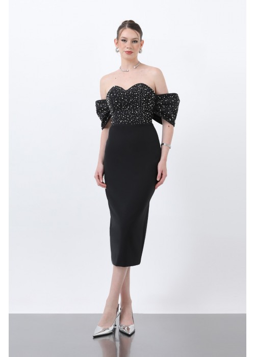 212408 BLACK COCKTAİL DRESS SATIN FABRIC