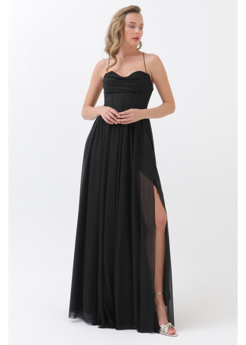 212409 BLACK COCKTAİL DRESS CHIFFON FABRIC