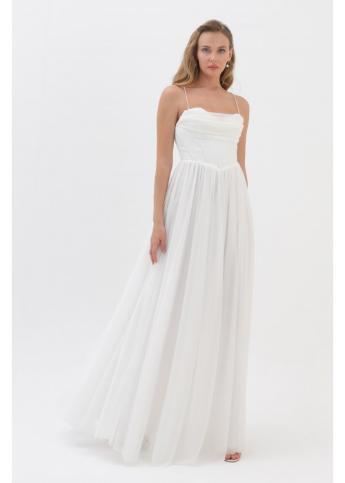 212414 WHITE COCKTAİL DRESS CHIFFON FABRIC