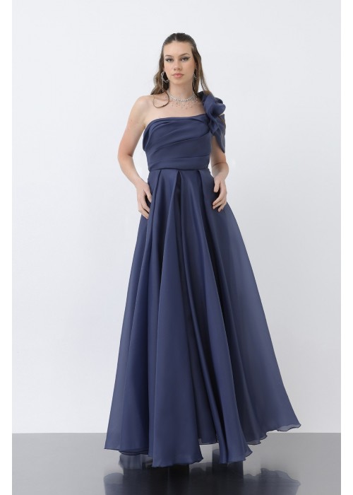 212421 NAVY BLUE COCKTAİL DRESS CHIFFON FABRIC