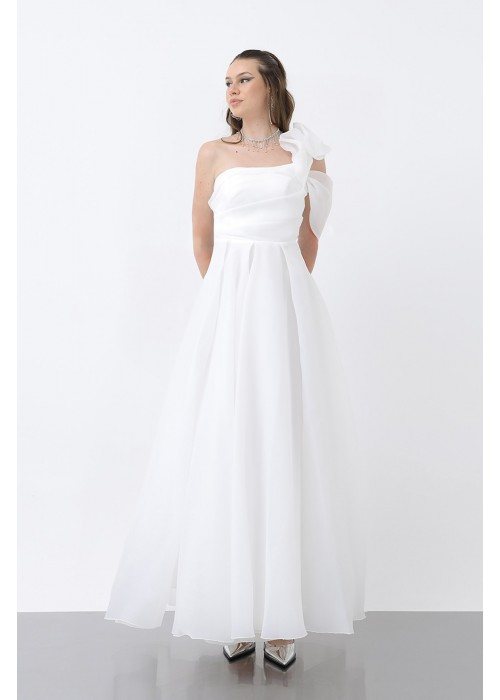 212422 WHITE COCKTAİL DRESS CHIFFON FABRIC