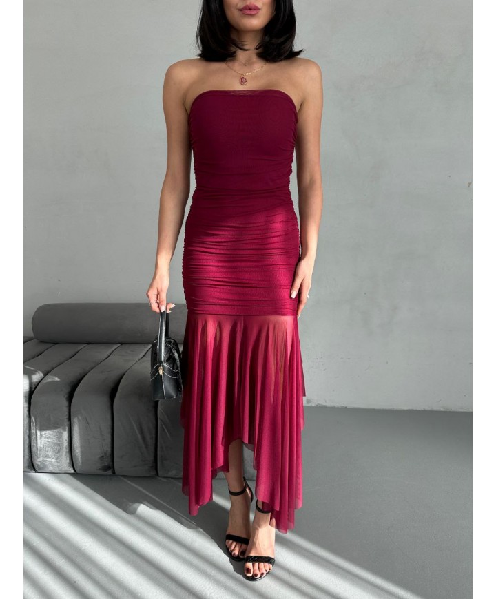 214200 BORDO ELBİSE TÜL