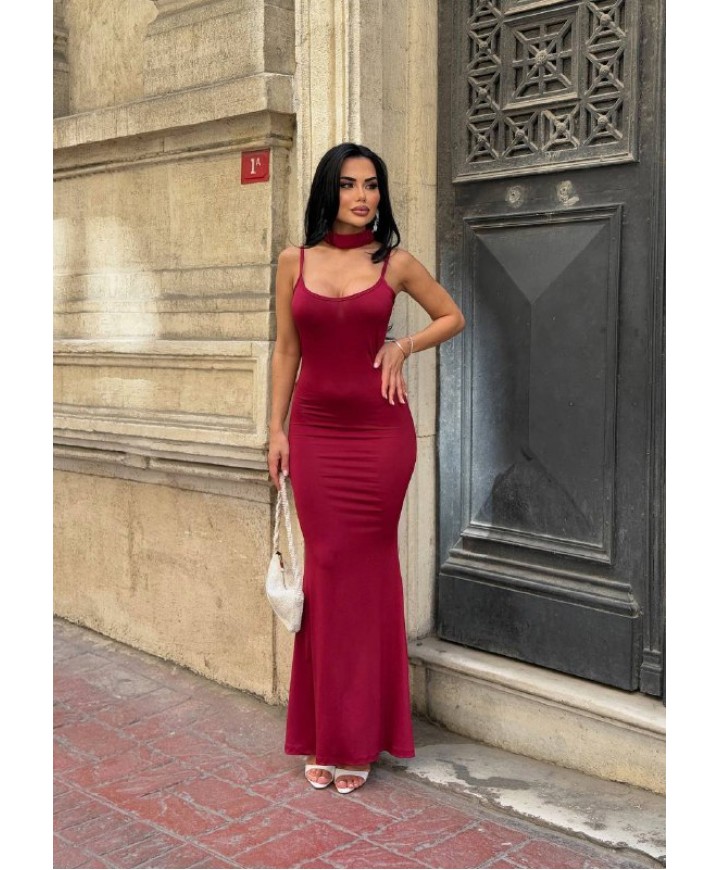 214248 BORDO ELBİSE KRİSTAL ÖRME