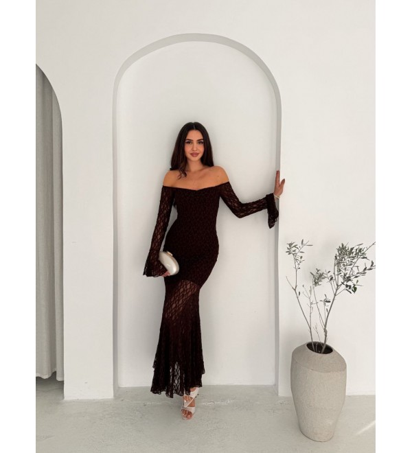 221416 KAHVE ELBİSE DANTEL ASTARLI KAHVE