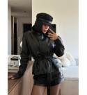 BLACK COAT-OVERCOAT FAUX LEATHER - 251664